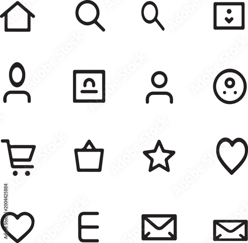 Clean black and white icon set featuring minimal line style symbols, perfect for modern UI design, apps, websites and branding, fully editable scalable vector collection with simple elegant look