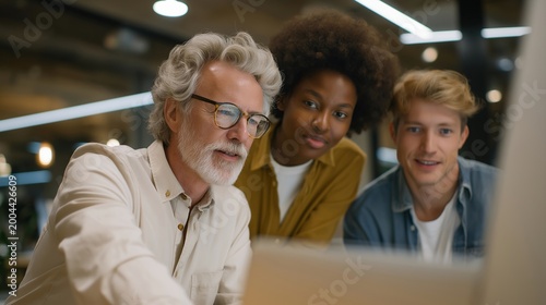 Diverse startup founding team of three generations collaborating on brand identity mood board in golden hour lighting studio, elderly creative director guiding millennial and gen z partners through