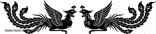 Elegant symmetrical Thai phoenix bird and floral decorative element