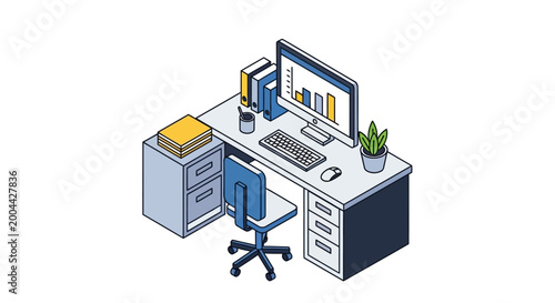 Isometric illustration of a modern office workspace with charts and data visualization