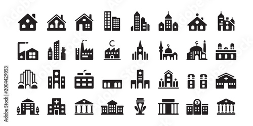 Black and white vector icons of city buildings houses skyscrapers factories and religious structures.