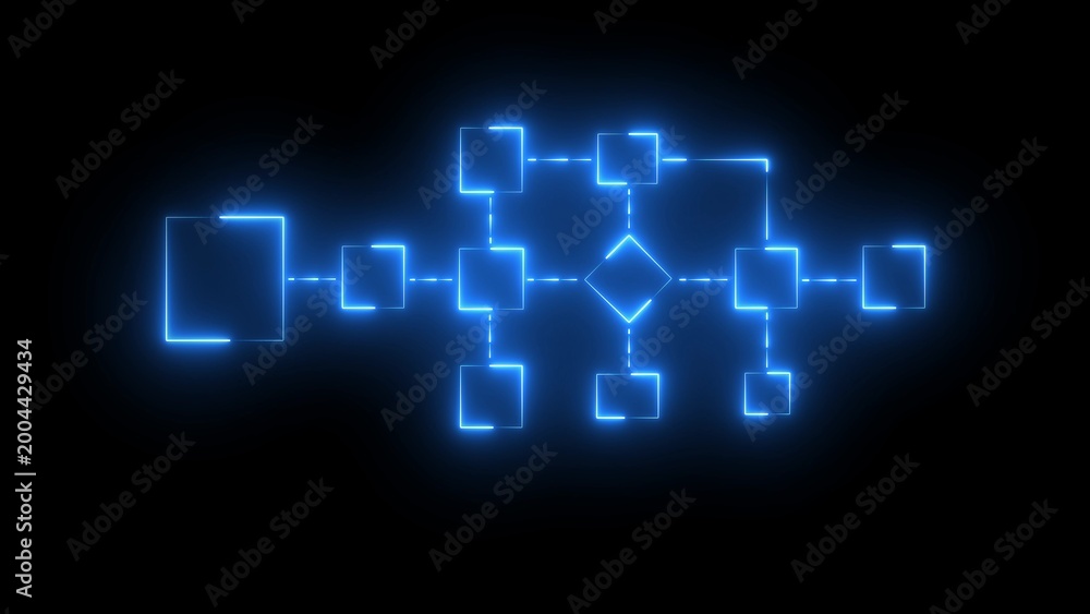 Fototapeta premium Glowing blue neon flowchart diagram with interconnected square and diamond nodes, linked by dashed lines against a solid black background, representing a digital network or logical process structure