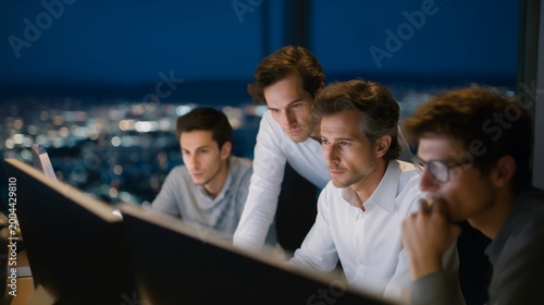 Diverse technical team conducts code review on massive monitor in darkened office, faces illuminated by screen glow, city lights visible outside, perfect for startup engineering, quality assurance,