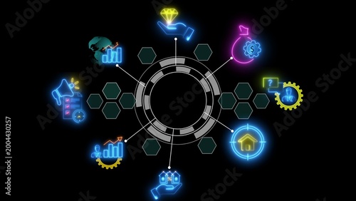 Neon digital infographic with a central circular hub connected to glowing representing global business, finance, real estate, communication, and data analytics on a black background