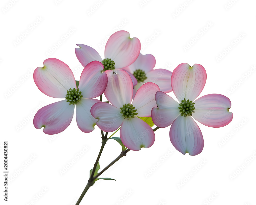 Fototapeta premium Elegant pink dogwood flowers on a branch, soft gradient petals, macro photography, super resolution, on white background.
