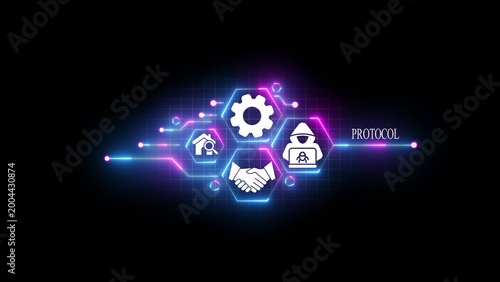 Canvastavla Neon glowing hexagonal interface with white of a gear, a house with a magnifying