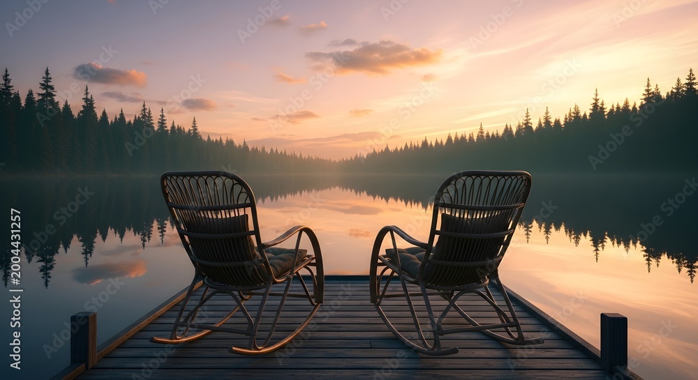 Fototapeta premium Two empty rocking chairs on a wooden dock overlooking a serene lake at sunset with a pine forest in the background