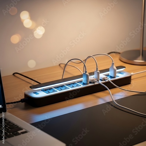 Power strip with multiple plugged in cords.