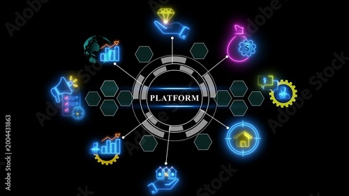 Central circular hub with the word platform, surrounded by glowing neon representing finance, real estate, global connectivity, and data analytics on a solid black background