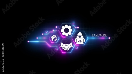 Digital framework concept with glowing neon hexagonal representing a gear, house search, handshake, and a hooded hacker figure on a dark grid background, with the word, framework displayed