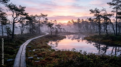 Wooden boardwalk through misty bog at pastel sunrise