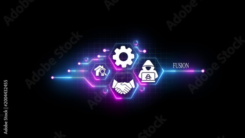 Digital fusion concept featuring glowing neon hexagonal frames, white of a gear, a house with a magnifying glass, a handshake, and a hooded hacker, connected by luminous blue and purple circuit lines