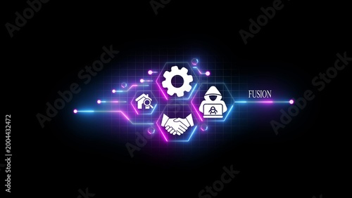Digital fusion concept featuring glowing neon hexagonal frames, white of a gear, house with magnifying glass, handshake, and hacker on a dark grid background, with the word fusion