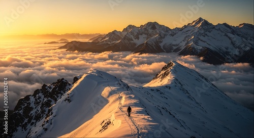 Fotografie Lone hiker on snowy mountain ridge above sea of clouds at sunset
