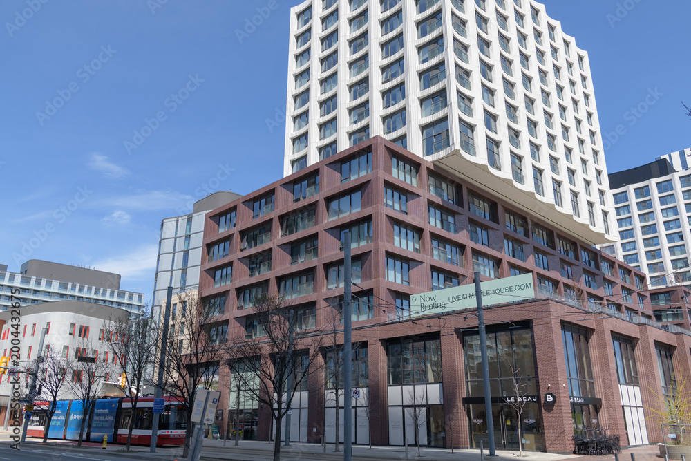 Fototapeta premium southwest elevation of Cherry House at Canary Landing, 422 Cherry St, Toronto
