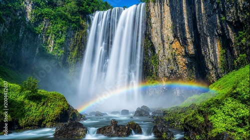Fotografija Tall waterfall with double rainbow in lush green canyon