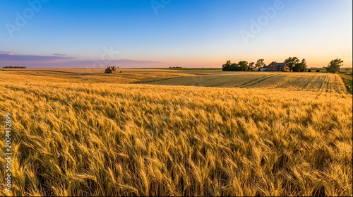 Billede på lærred Golden wheat field with farmhouse at warm summer sunset