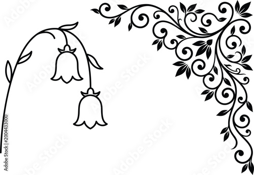 Bild auf Leinwand black line drawing of flowers and leaves on white background