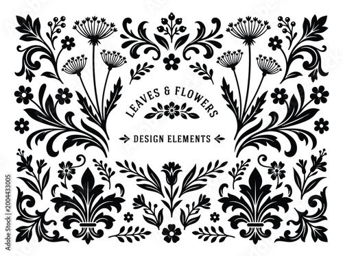 Black floral and leafy decorative design elements vector with elements