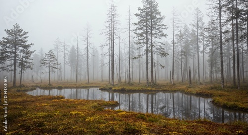 Foto Foggy bog forest with dead pines and reflections in marsh