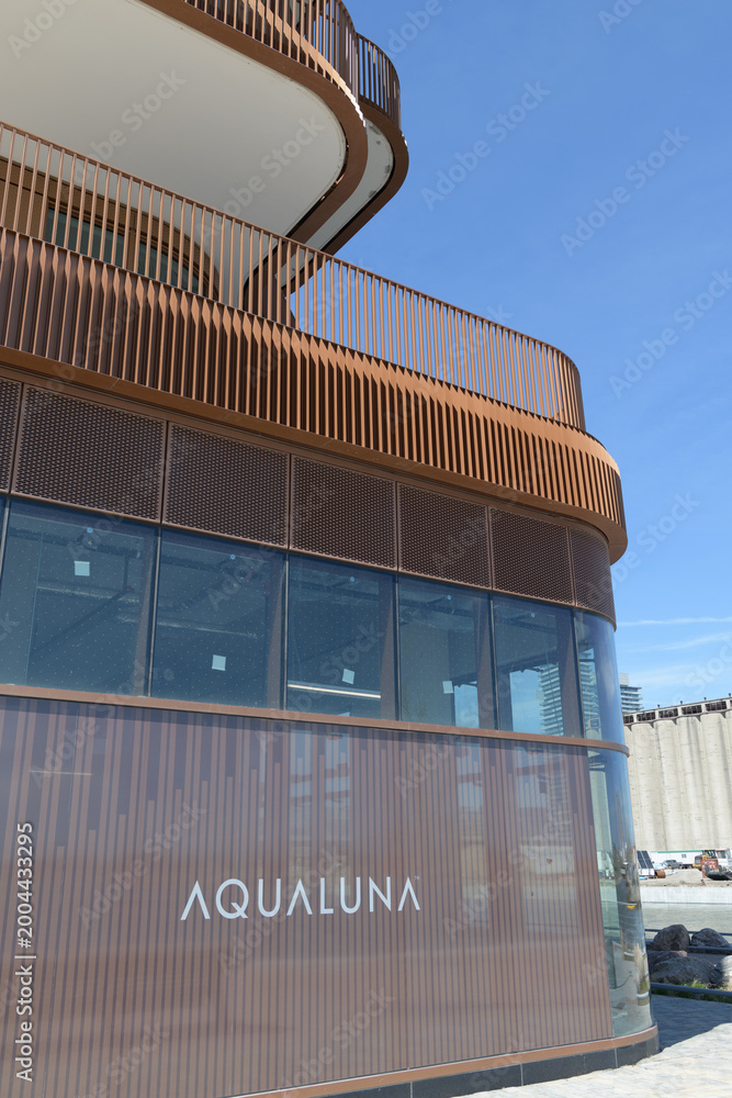 Naklejka premium close-up detail of Aqualuna condominiums at the edge of East Bayfront, Merchants' Wharf, Toronto