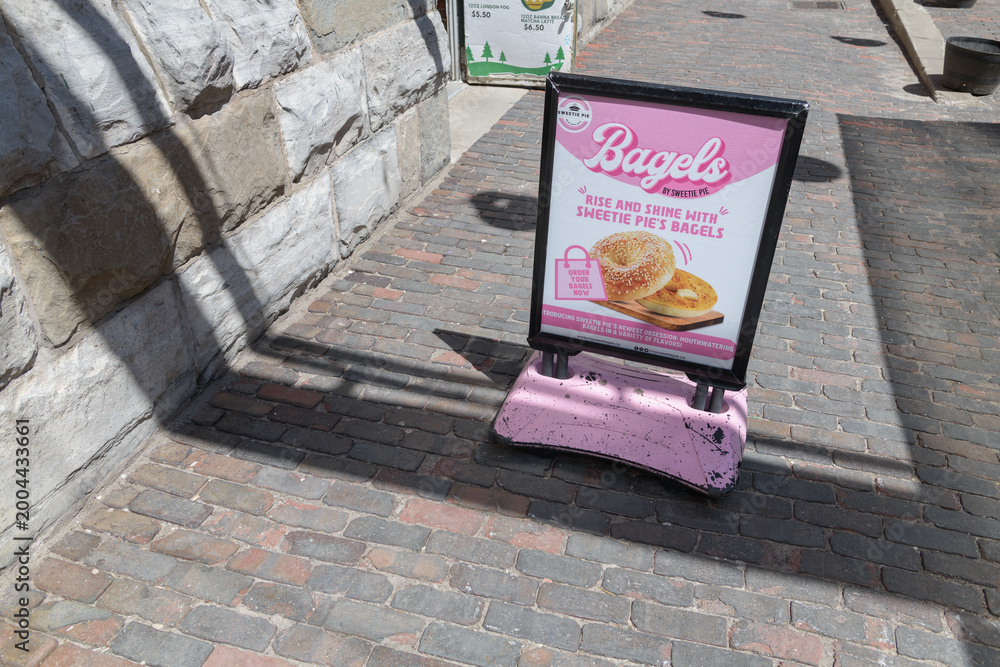 Fototapeta premium sidewalk sign outside Sweetie Pie (Distillery District), 6 Case Goods Lane, Toronto