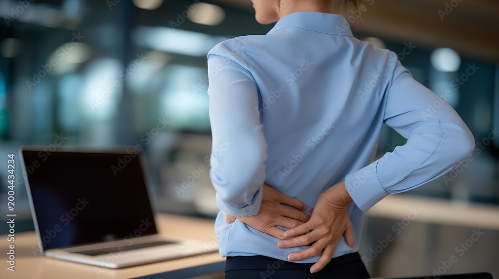 Naklejka premium Office worker with fibromyalgia using ergonomic accessories and taking movement breaks in private workspace, managing invisible chronic pain condition, ideal for workplace wellness and modern