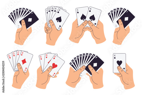 Foto Card game hands icons illustration set, generic people arms holding playing cards deck shuffling and dealing for casino and leisure design