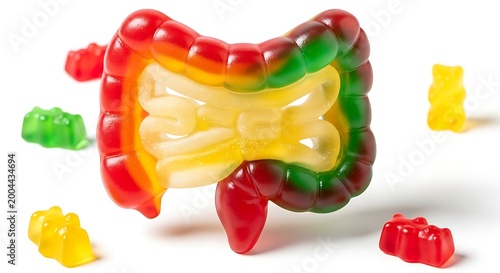 Colorful gummy bears on white background.