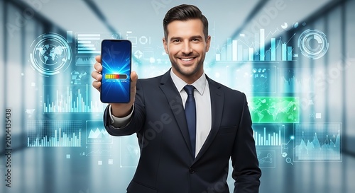 Person holding smartphone with holographic globe projection in city background