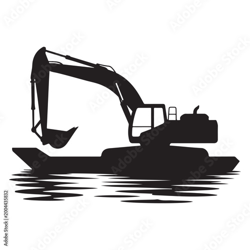 Excavator on Barge for River Dredging and Marine Construction Silhouette Vector Illustration