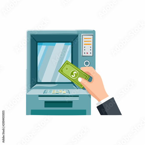 ATM cash withdrawal icon showing hand taking money from bank machine. Concept of banking transaction, cash out, finance and payment operation for mobile apps, fintech interfaces and UI design.