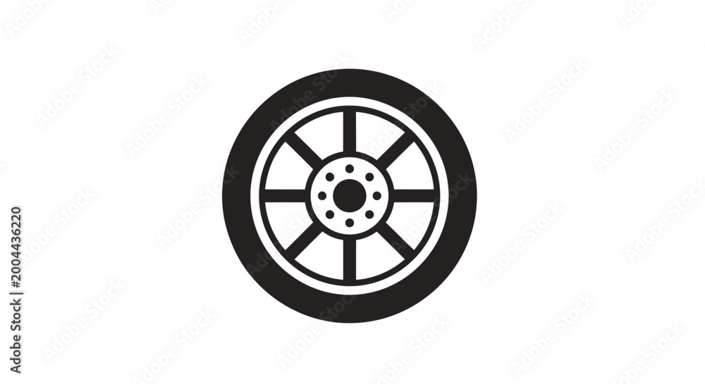 Fototapeta premium Minimalist Wheel Icon Depicting Transportation and Automotive Components in Monochrome Design