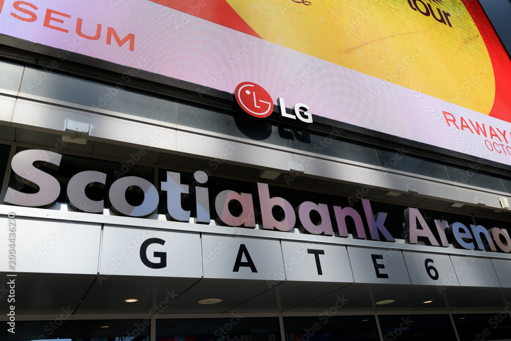 Obraz premium close-up detail of the LG LED billboard outside Scotiabank Arena, Gate 6, Maple Leaf Square / Jurassic Park side, Bremner Blvd, Toronto