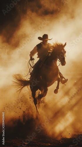 A cowboy in a hat gallops on a rearing horse through clouds of golden dust, creating a dynamic and dramatic backdrop for Western book covers or advertisements for horse shows.