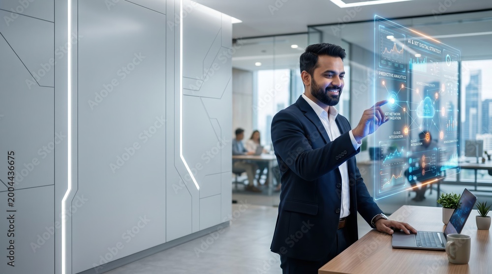Fototapeta premium Proptech building manager adjusting smart climate control system on holographic dashboard