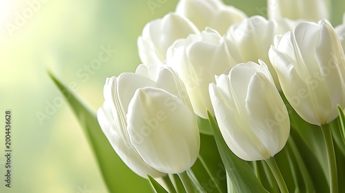 A beautiful bouquet of white tulips with green leaves on a blurred green background
