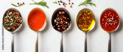 Panel kuchenny z motywem Five spoons, each holding a different sauce or spice, are lined up in a row, providing a vibrant backdrop for culinary articles on flavours and recipes.