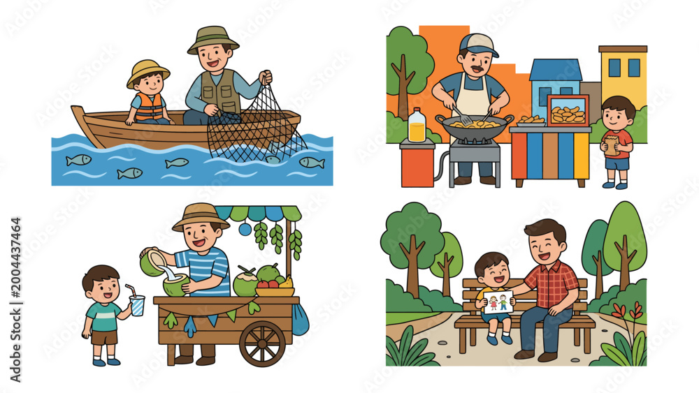 Fototapeta premium A Day of Simple Joys: Four charming illustrations depicting everyday life moments: a father and son fishing, a father and son enjoying street food, a father and son at a fruit stall.
