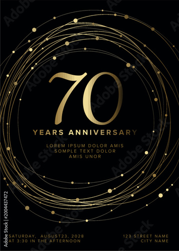 Celebrate with this elegant 70 years anniversary invitation featuring golden rings. This 70 years anniversary card design uses luxurious gold lines on a dark black background.
