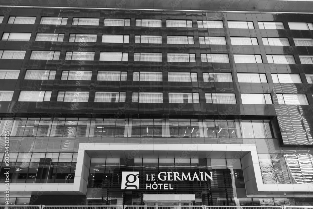 Fototapeta premium defocused, black and white view of Le Germain Hotel Toronto Maple Leaf Square (75 Bremner Blvd)