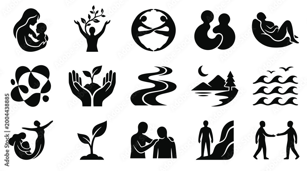 Obraz premium Black White Icons: People, Nature, Growth, and Harmony