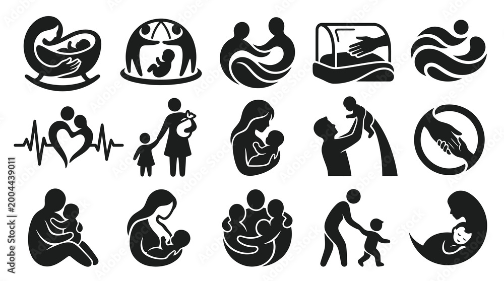 Obraz premium Family Parenting Child Care Glyph Icons Set - Mother, Father, Baby, Child Love Support Vector Silhouettes
