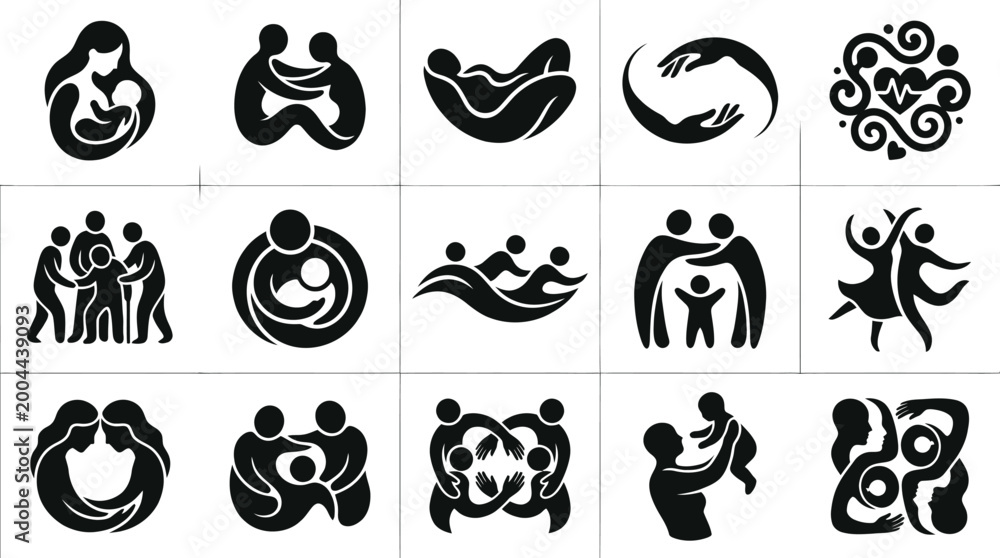 Fototapeta premium Family Love Icons Black White Glyphs - Parents Child Care Relationship Symbols