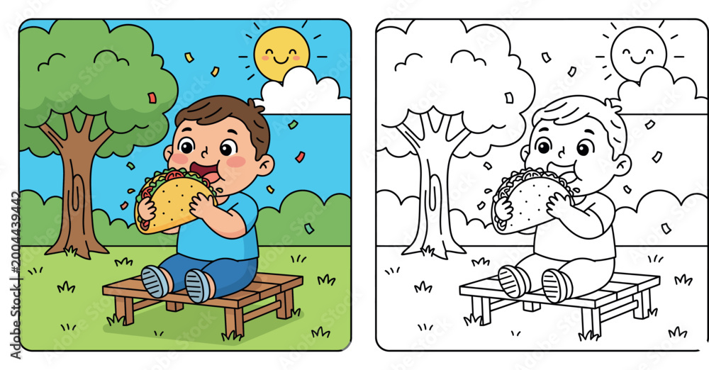 Obraz premium Happy Cartoon Boy Enjoying a Large Taco Outdoors on a Sunny Day