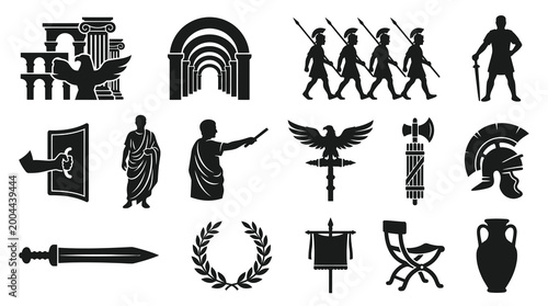 Ancient Rome Icons Set - Historical Roman Empire Black Glyph Silhouettes Collection