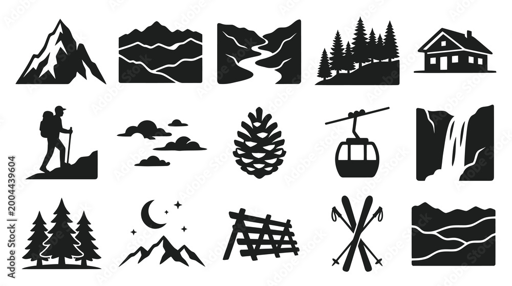 Fototapeta premium Black White Mountain Landscape Icons: Hiking, Skiing, Nature, and Cabin