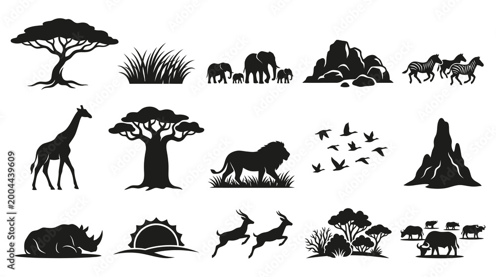 Fototapeta premium African Safari Animals, Trees Landscape Black Silhouette Vector Icons Set