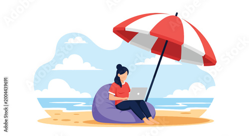 Fotografija Flat style vector illustration of a woman working remotely on a laptop under an