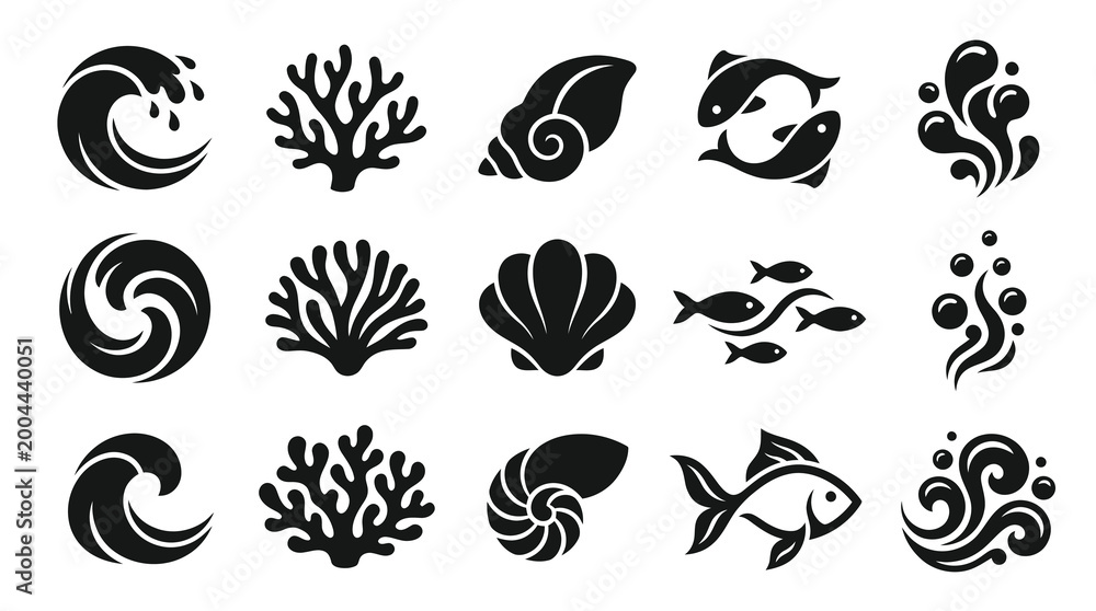 Fototapeta premium Marine Life and Ocean Elements Glyph Icons Set - Waves, Coral, Fish, Shells Bubbles Vector